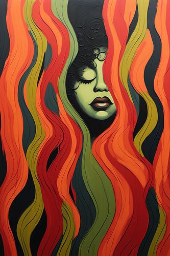 Afro-Amerikaanse vrouw met gesloten ogen tussen organische vormen