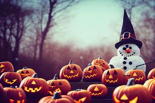 Bonhomme de neige à trois yeux et ses citrouilles