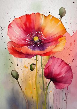 Sfeervol aquarel  schilderij van een grote Klaproos van Studio Pieternel