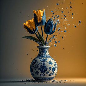 Eine Vase aus Delfter Blau mit Tulpen. von J.a Dijkstra