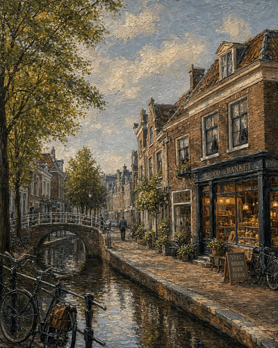 Classic Dutch Canal with a Bakery and Bicycles