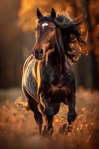 Majestueus paard in het gouden licht van de zonsondergang