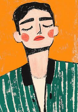 Personnage en veste verte devant orange