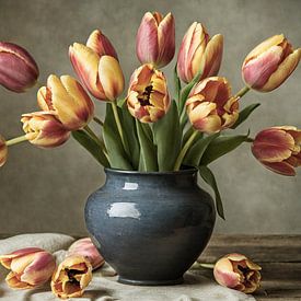 tulips in a blue vase by Yvonne Blokland