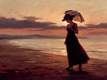 Femme solitaire marchant sur la plage sur Jan Keteleer