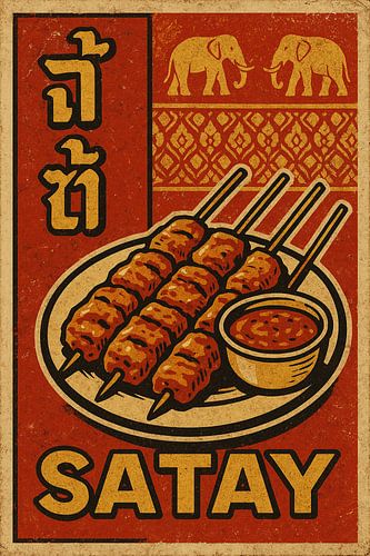 Muurprint Saté - Retro Thaise Poster voor Straateten