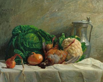 Adolphe-Felix Cals,Stilleven met groenten, trots en een kruik, 1858
