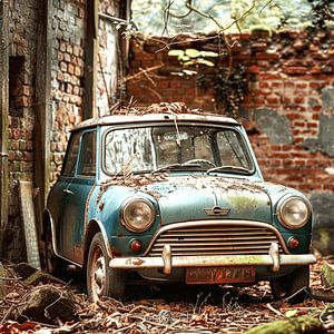 Lost Place Mini Cooper türkis verrostet vergessen Hinterhof