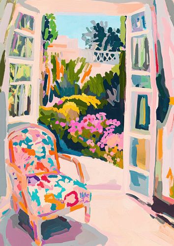 Pastelkleurige kamer met fauteuil en bloementuin