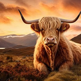 Schotse Hooglander koe bij zonsondergang van Vlindertuin Art