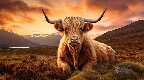 Schotse Hooglander koe bij zonsondergang