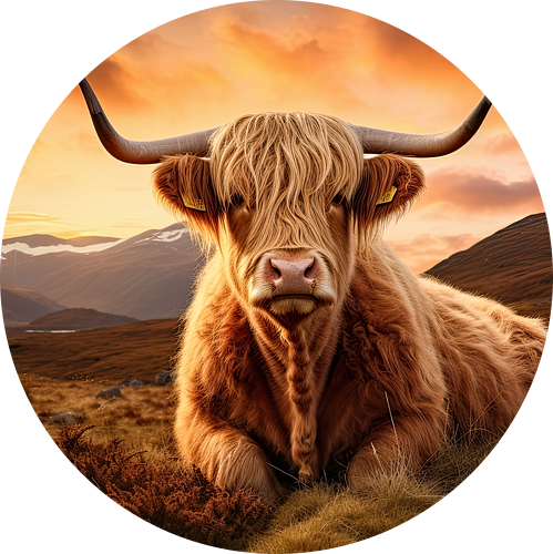 Schotse Hooglander koe bij zonsondergang