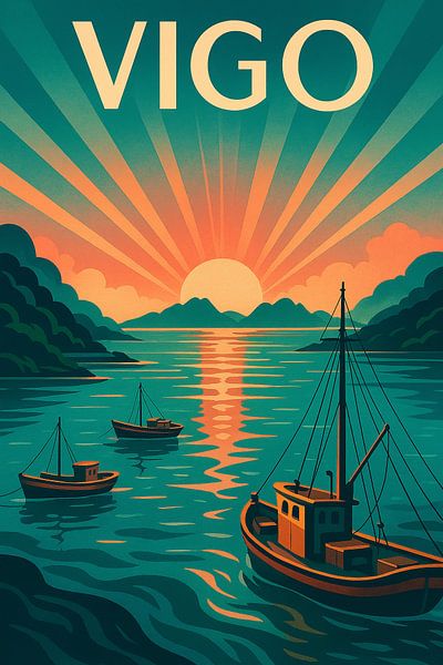 Vigo Sunset Harbor Art Deco Poster by Travel Shop