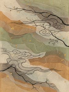 Abstrakte Japandi-Landschaft in Erdtönen. Wabi-Sabi-Stil
