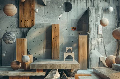 Surrealistisch beeld van vliegende houten en betonnen voorwerpen als digitale kunst