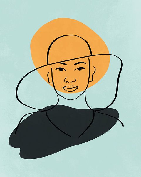 Line art of a woman with hat with two organic shapes in yellow and grey by Tanja Udelhofen