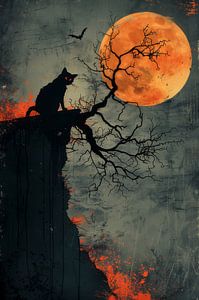 Mystère au clair de lune - Chat noir sous une lune de sang