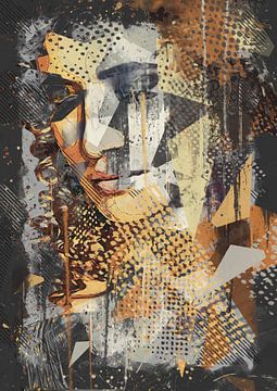 Semi abstract - mixed media gezicht met goud geel en grijs