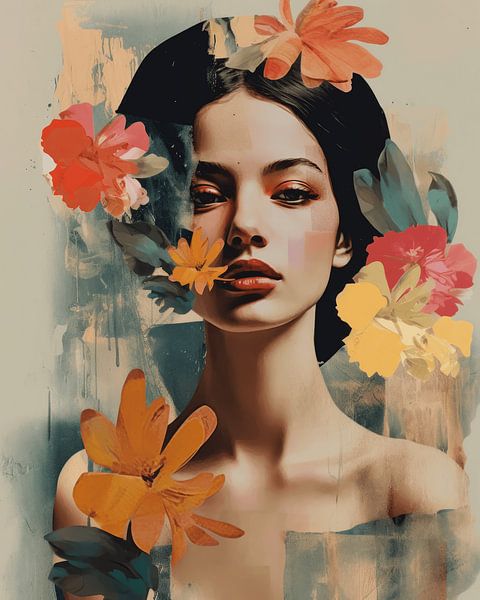 Portrait avec des fleurs en style collage par Carla Van Iersel