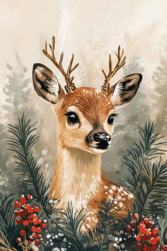 Serene Winter Deer Amidst Pine Greenery - Autumn - Christmas