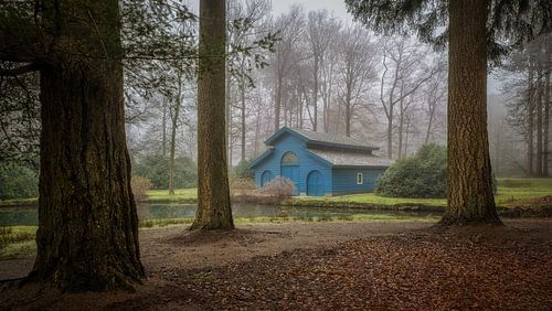 Het blauwe boothuis in het bos