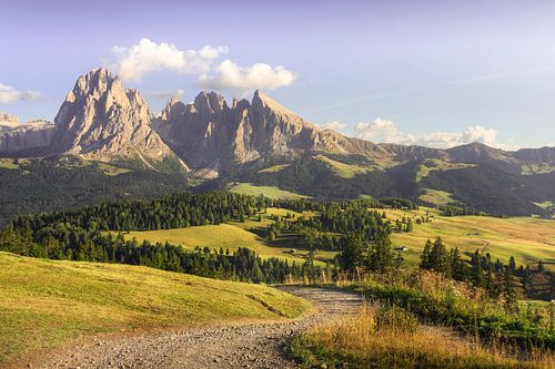 Seiser Alm, berg Sassolungo en een pad. Dolomieten