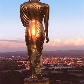 Golden glow on walking Buddha - sunset Thailand Fine Art Prints by Simone Zomerdijk