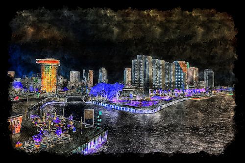 View of the Boompjeskade in Rotterdam by night (watercolour)