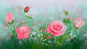 Aquarell von Rosen und Schleierkraut im Beet