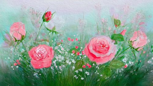 Aquarell von Rosen und Schleierkraut im Beet