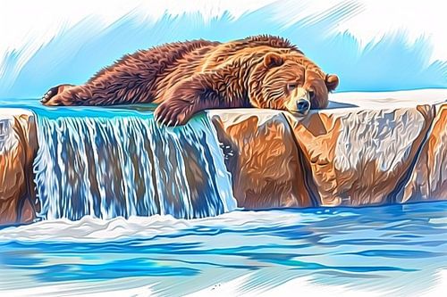 Beer rustend op waterval in natuur