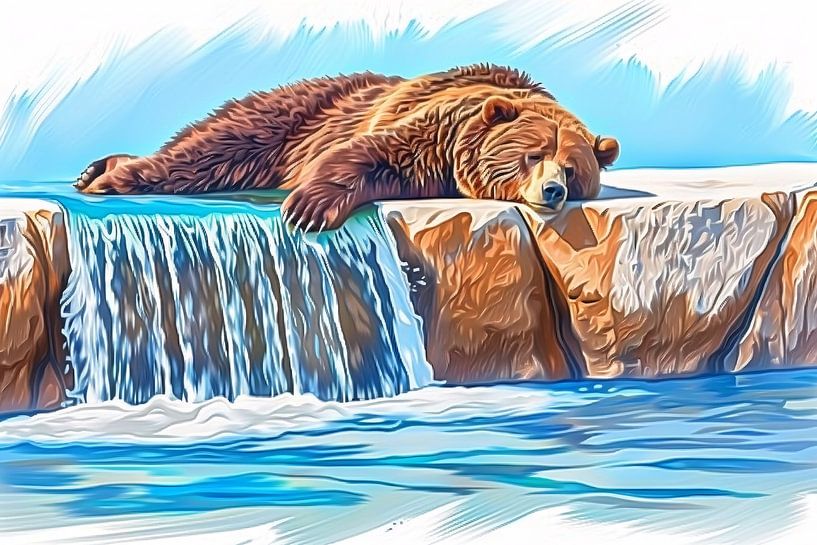 Ours se reposant sur une cascade dans la nature par Imperial Art House