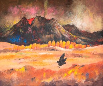 De vogel en de gloeiende vulkaan - acryl op doek van Galerie Ringoot