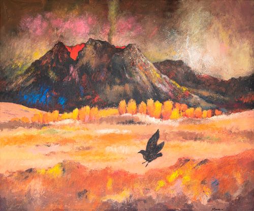 De vogel en de gloeiende vulkaan - acryl op doek