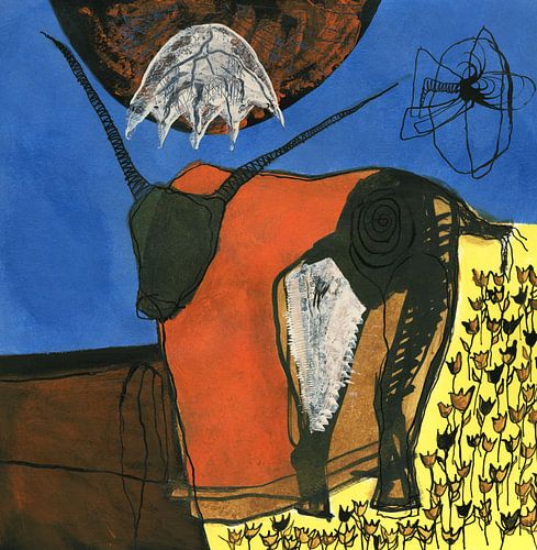 bull in field with flowers