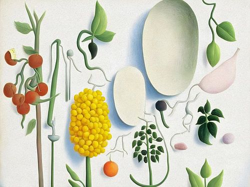 Surrealistisch fruit en groente met rood en geel