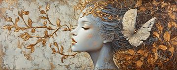 Serene Vrouw | Gouden Blad Vlinder van ARTEO Schilderijen