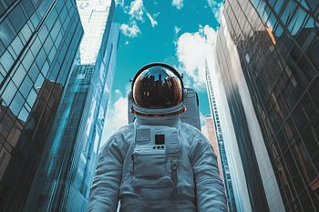 Astronaut among skyscrapers