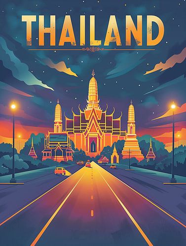 Thailand Nachtgloren: Tempel Stadsgezicht Poster