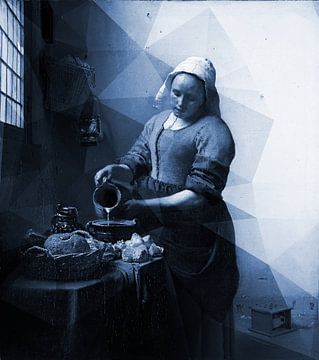 Het melkmeisje van Vermeer met geometrisch patroon in Delfts blauw van Dina Dankers