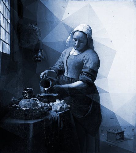 Het melkmeisje van Vermeer met geometrisch patroon in Delfts blauw