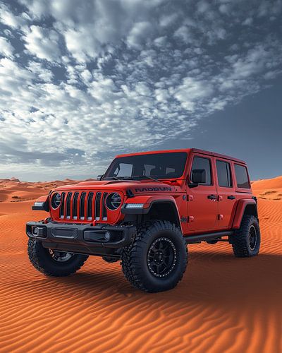 Roter Jeep Wrangler bei Sonnenuntergang in den Dünen
