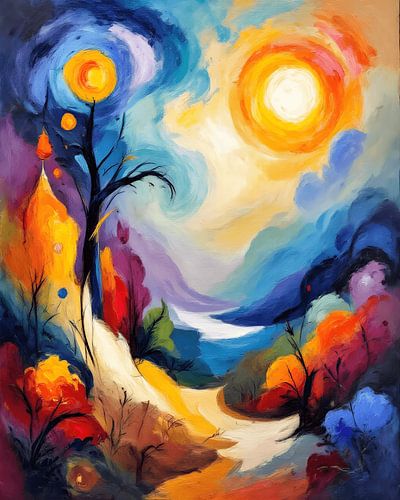 Kleurenexplosie poster - Abstract landschap vol energie