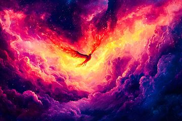 Magical phoenix in fiery sky by Art & Soul Creations