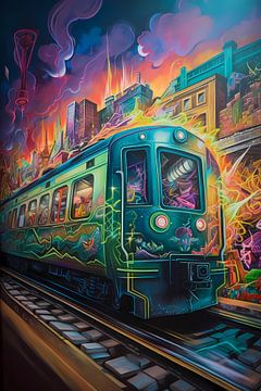 Trein door stedelijke tunnel van Art & Soul Creations