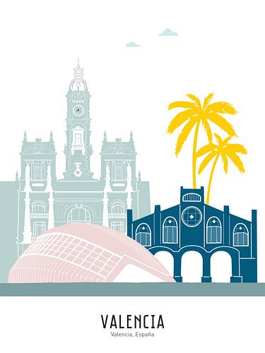 Skyline-Illustration der Stadt Valencia, Spanien in Farbe