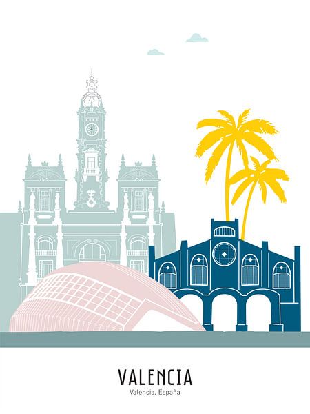 Skyline-Illustration der Stadt Valencia, Spanien in Farbe von Mevrouw Emmer