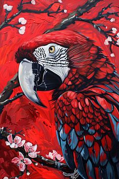 Surrealistische papegaai met bloesem op rode achtergrond van Art & Soul Creations