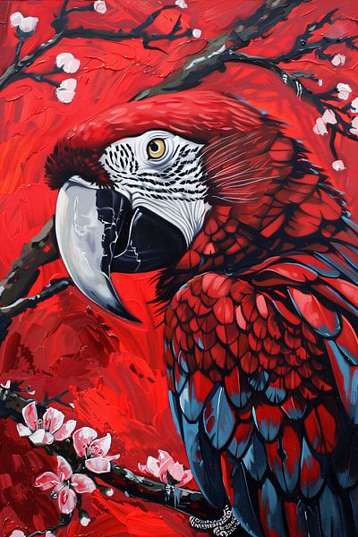 Surreal parrot with blossom on red background by Art & Soul Creations