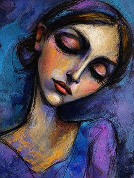 Vrouwenportret met dromerige kleuren | Vrouw met gesloten ogen van Abstract Schilderij
